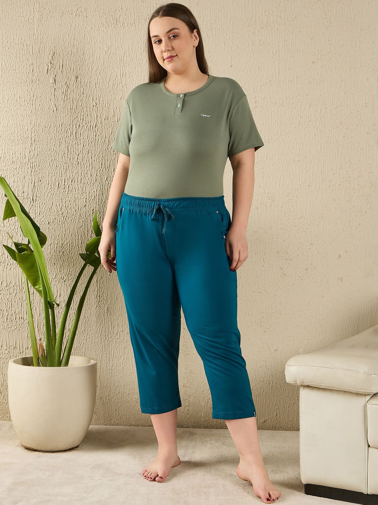Plus Size Teal Blue Capri Women Blue Capri-image-33