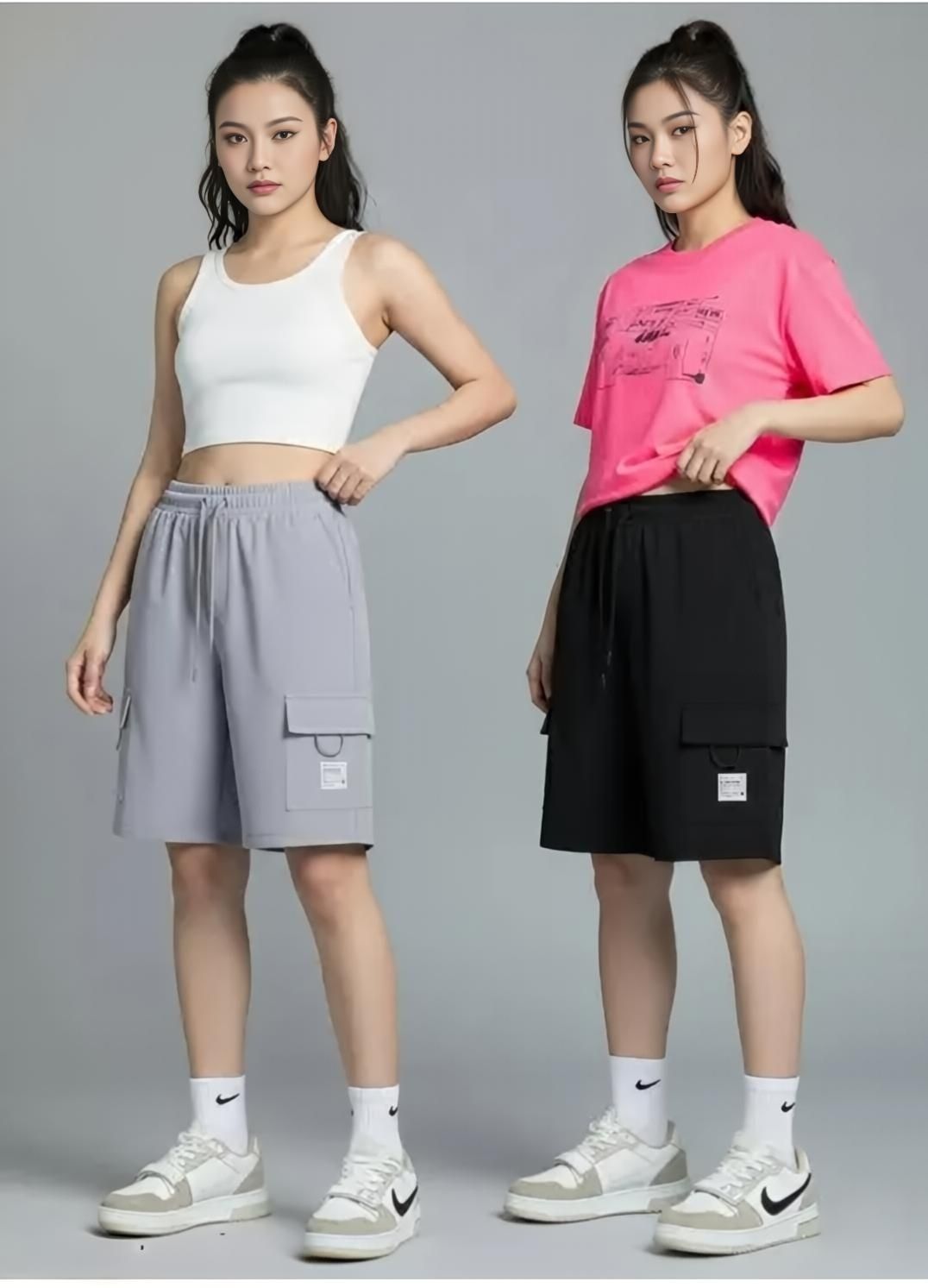 Pack of 2 Solid Women Grey, Black Cargo Shorts, Casual Shorts-image-47
