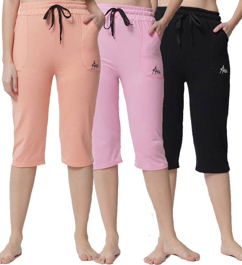 Anixa Women's Peach_Pink_Black Cotton Plain Capri Pack of 3 Women Multicolor Capri-picture-20