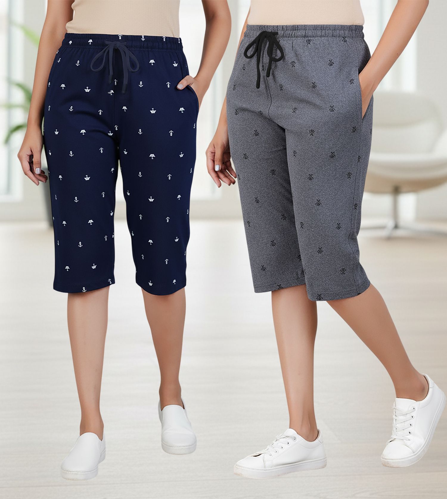 Women Dark Blue, Grey Capri