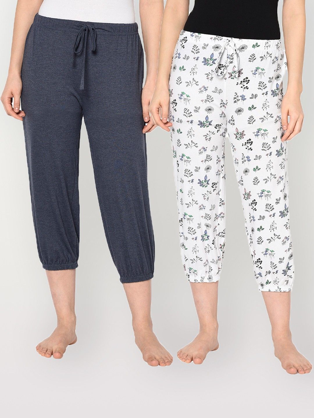 Women Dark Blue, White Capri-image-6