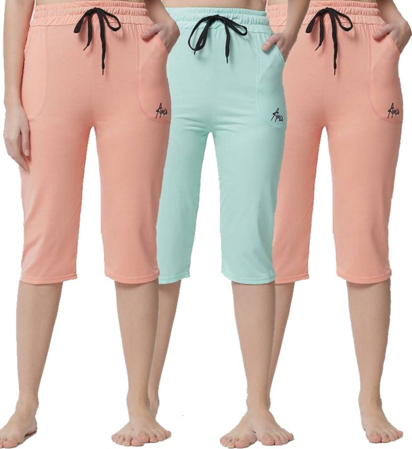 Anixa Women's Peach_Sky_Peach Cotton Plain Capri Pack of 3 Women Multicolor Capri-picture-21