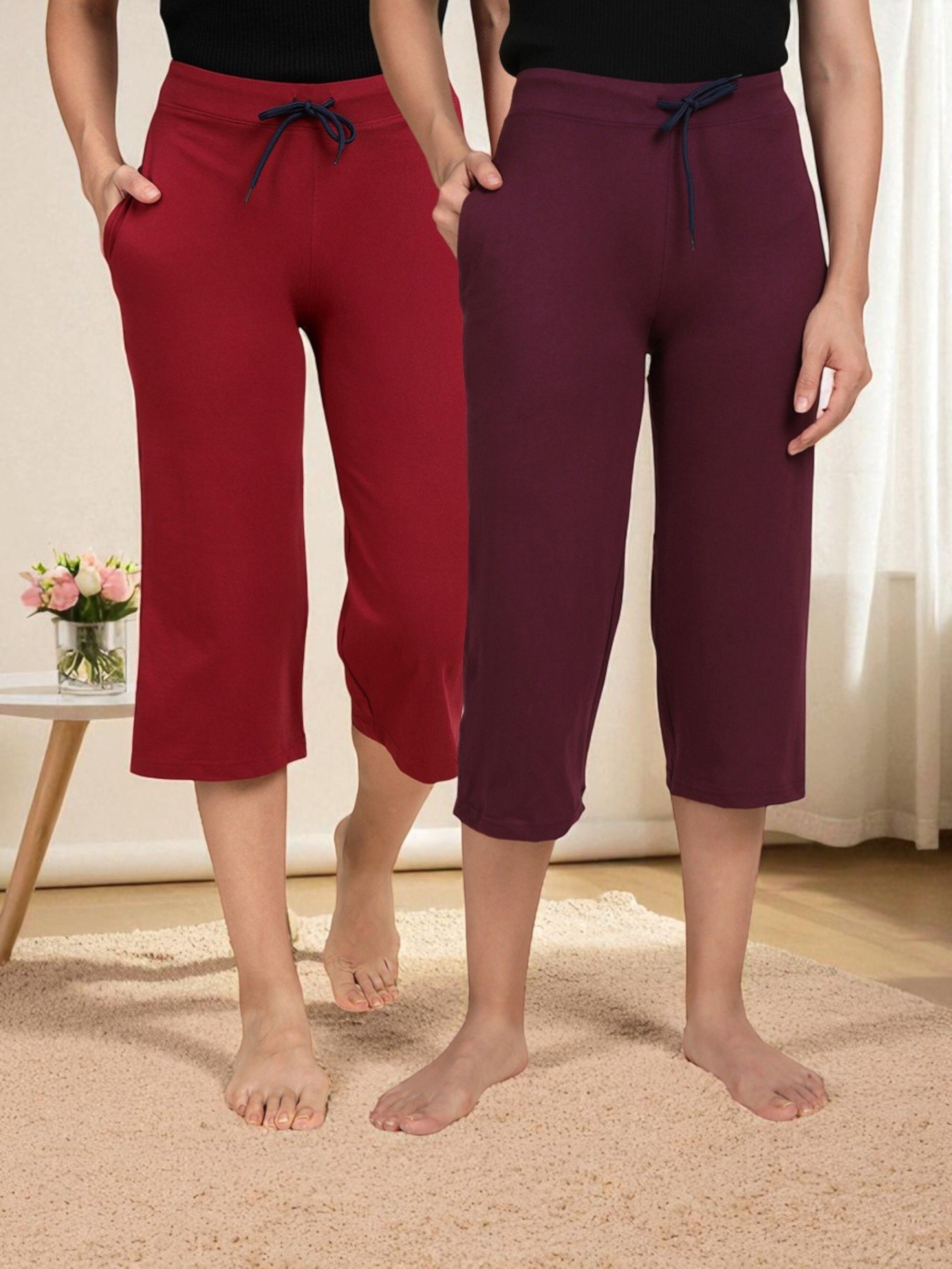 kryptic Women Pack of 2 Capri Pure Cotton Solid Relaxed Fit with Adjustable Waist. Women Maroon, Maroon Capri-picture-12