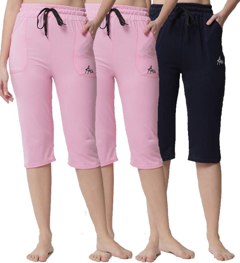 Anixa Women's Pink_Pink_Navy Cotton Plain Capri Pack of 3 Women Multicolor Capri-image-20