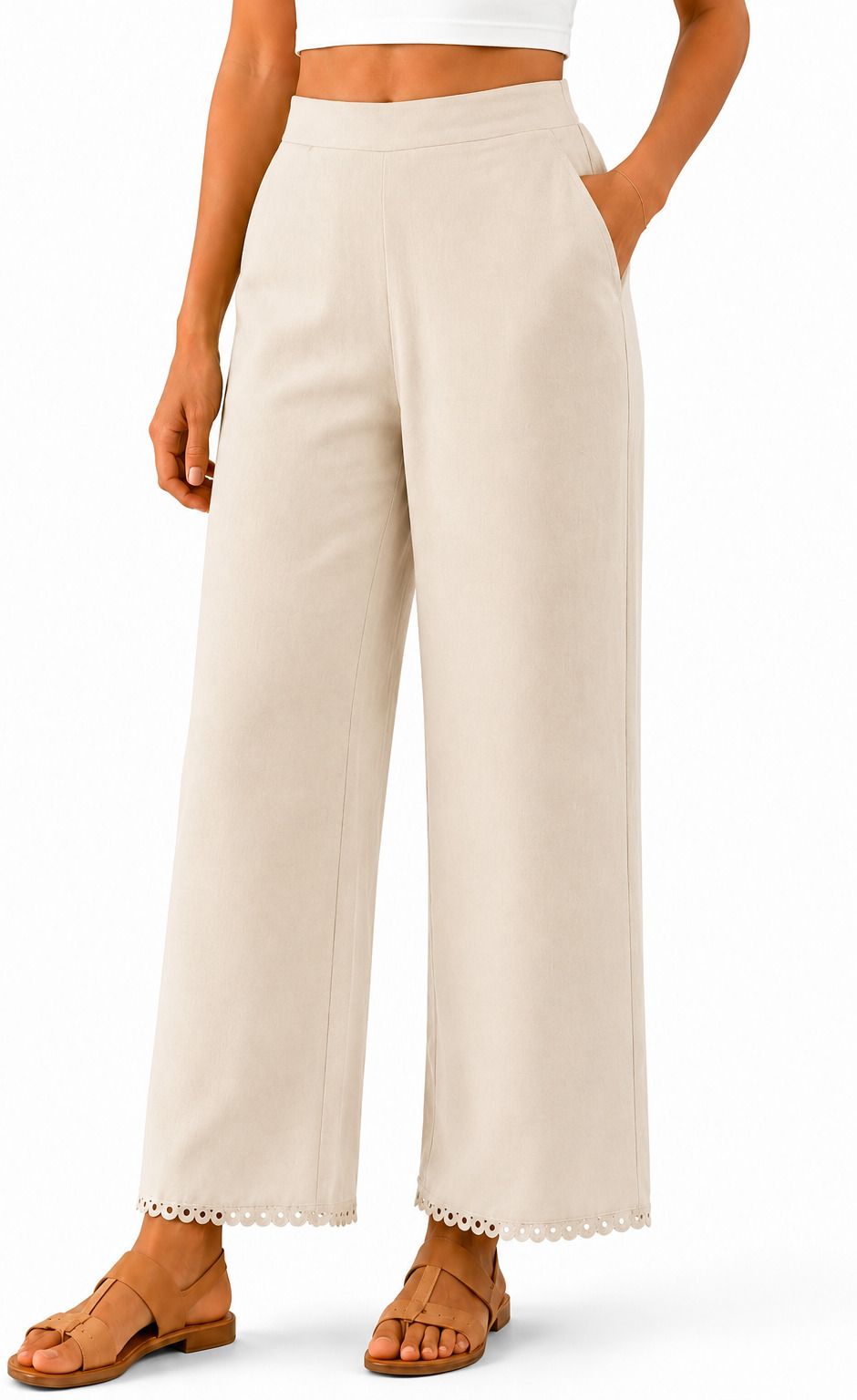 Women Relaxed White Pure Cotton Trousers-image-49