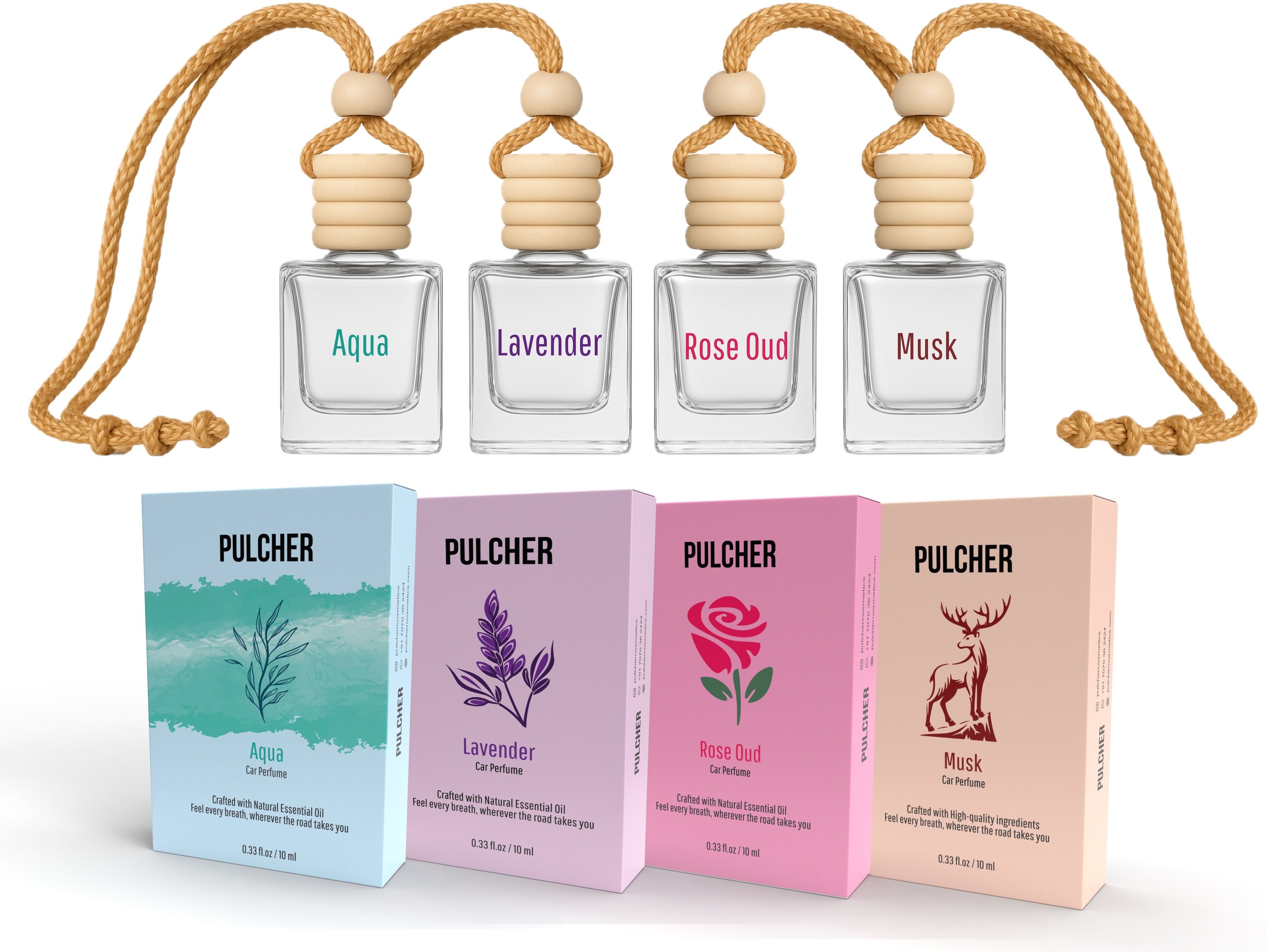Car Freshener - Assorted Combo Pack of 4, Musk, Aqua, Lavender, & Rose Oud Long-Lasting Essential Oil for Cars Dashboard to remove Odor, 4x10 ml Air Purifier