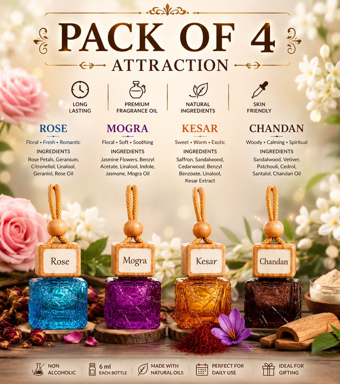 om pavitra enterprises PACK OF 4 ROSE+MOGRA+KESAR+CHANDAN 10ML EACH CAR HANGING PERFUME PACK OF 4 ROSE+MOGRA+KESAR+CHANDAN 10ML EACH Air Purifier-picture-20