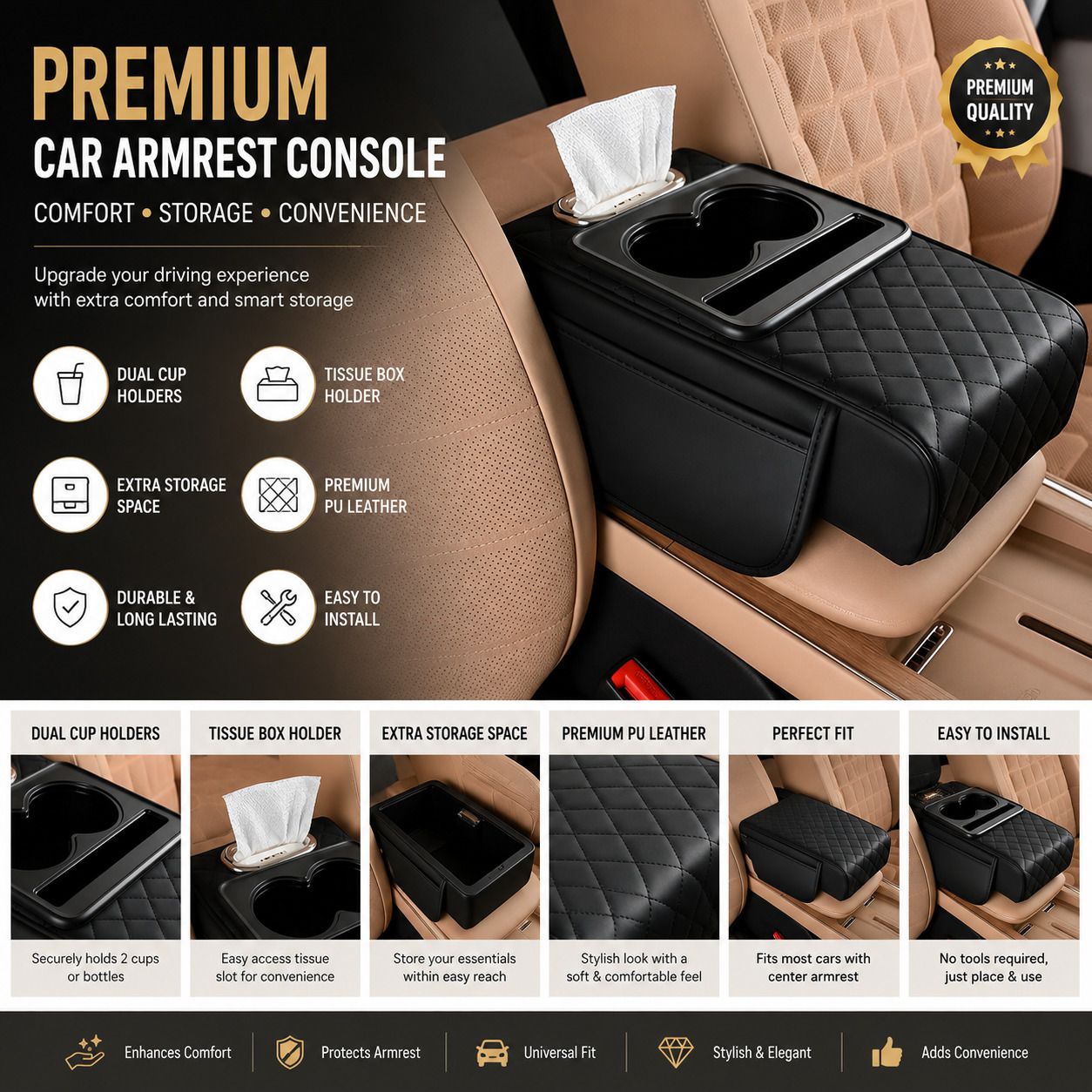 laphottacha Car Armrest Console Box with Cup Holder & Storage Car Armrest Pad Cushion-picture-25