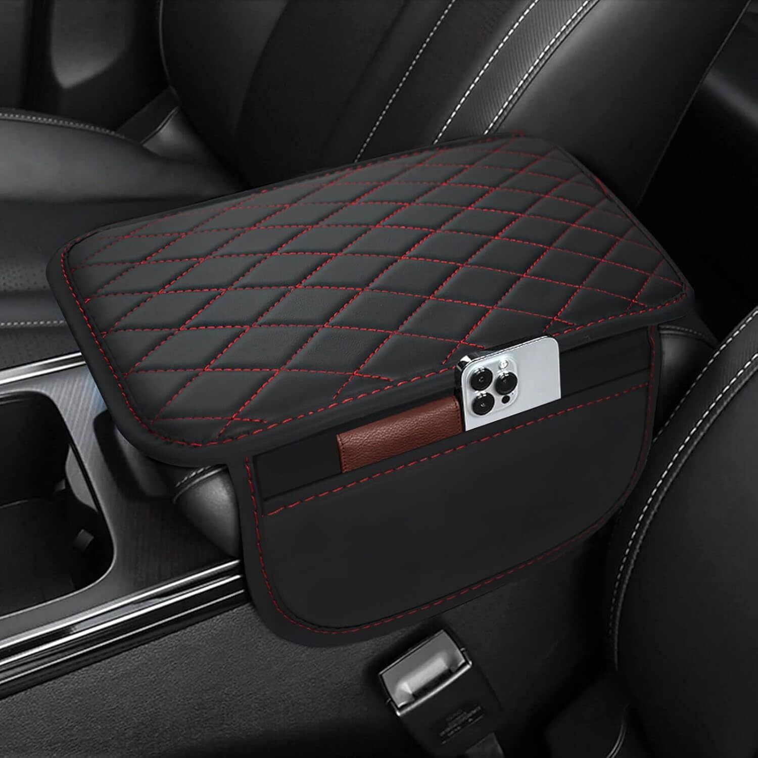 Center Console Arm-rest Cover Pad With Side Pockets, Universal Fit Black/Red Car Armrest Cover