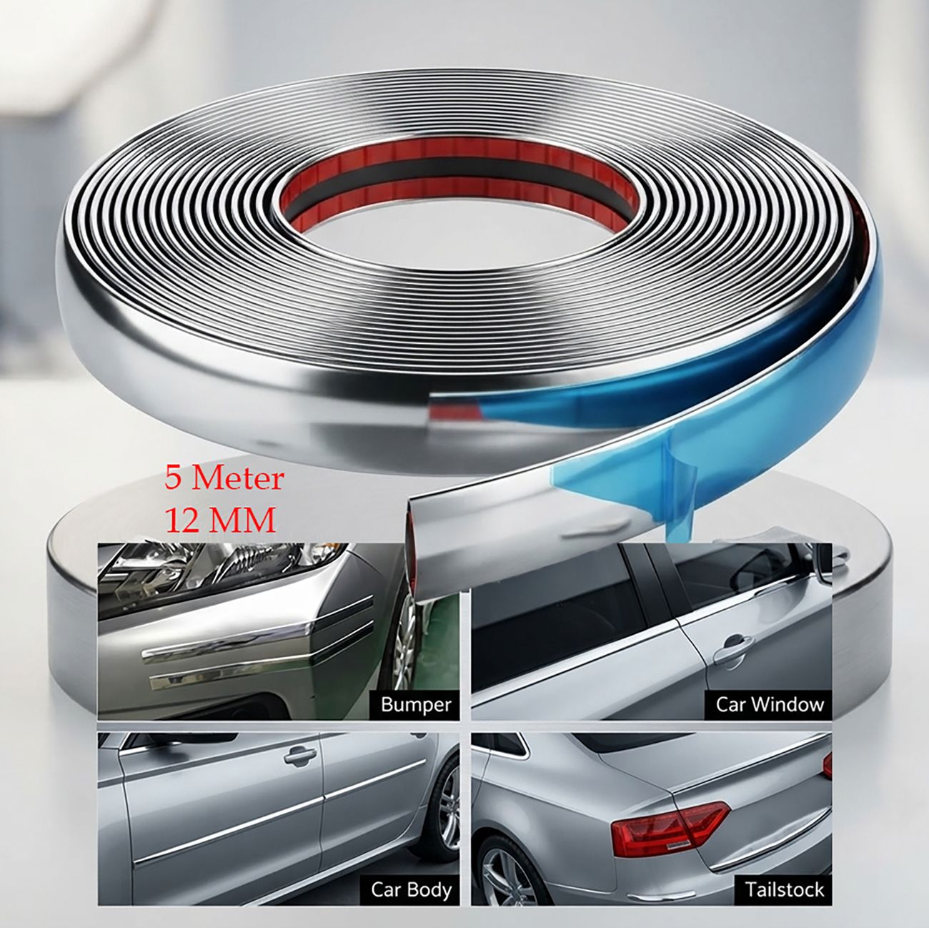 12mm Silver Car Chrome Styling Decoration Moulding Trim Strip Tape (5 Meter) Car Beading Roll For Bumper, Door, Grill and Garnish Cover, Hood, Trunk, Window-image-45