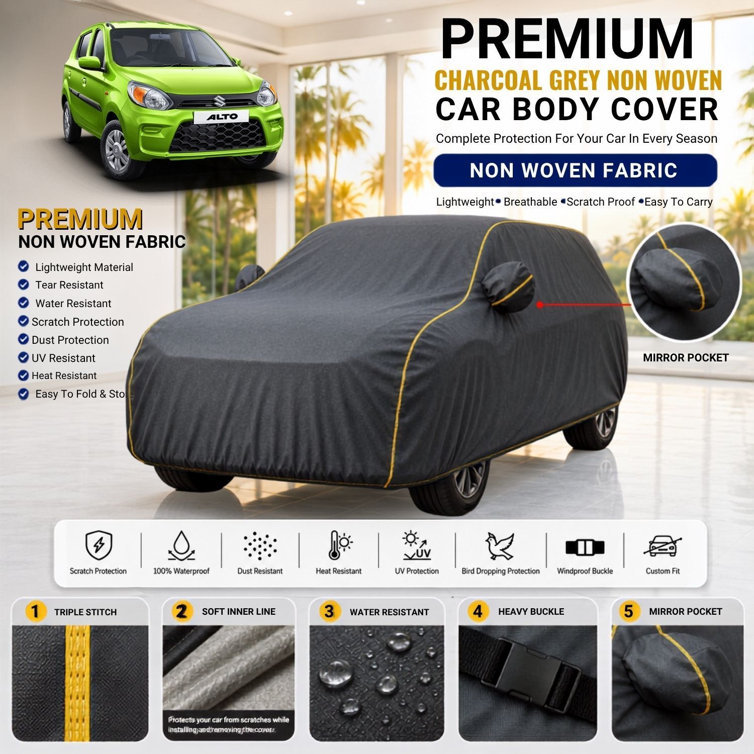 varshine Maruti Suzuki Maruti Suzuki Alto 800 Non Woven Car Cover Maruti Suzuki Alto 800 Car Cover, Maruti Suzuki Alto 800 Body Cover, Alto 800 Waterproof Car Cover, Alto 800 Dustproof Car Cover, Alto 800 UV Protection Cover, Alto 800 Custom Fit Cover, Alto 800 Mirror Pocket Cover, Alto 800 All Weather Cover, Alto 800 Full Body Cover, Alto 800 Car Cover Body Cover-picture-13