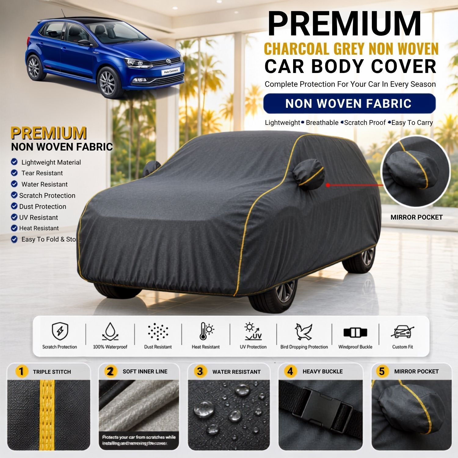 Volkswagen Volkswagen Polo Non Woven Car Cover Volkswagen Polo Car Cover, Volkswagen Polo Body Cover, Polo Waterproof Car Cover, Polo Dustproof Car Cover, Polo UV Protection Cover, Polo Custom Fit Cover, Polo Mirror Pocket Cover, Polo All Weather Cover, Polo Full Body Cover, Polo Car Cover Body Cover-image-10