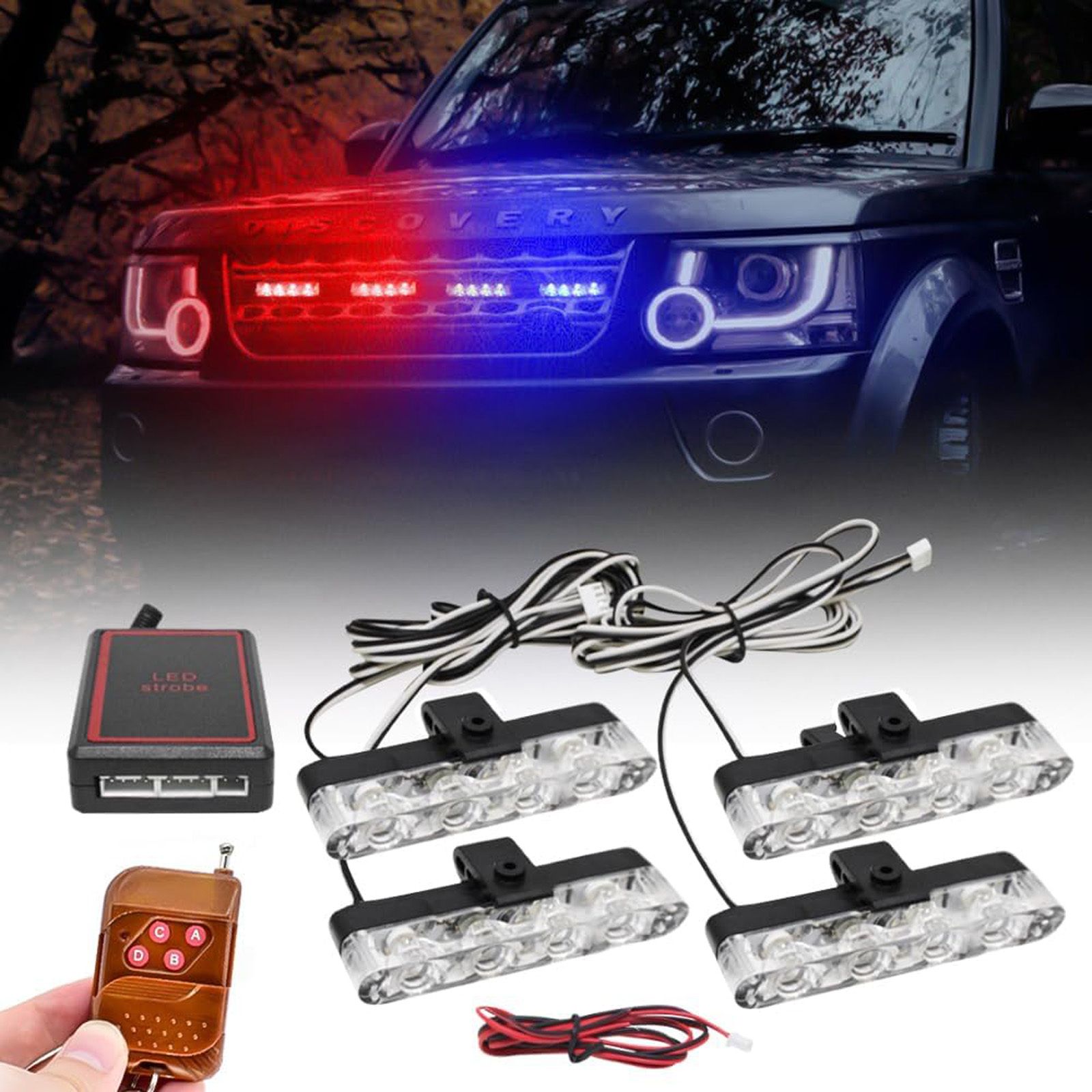 Car Grill Red & Blue LED Police Flasher Light with Controller & Flashing Modes Car Fancy Lights-image-30