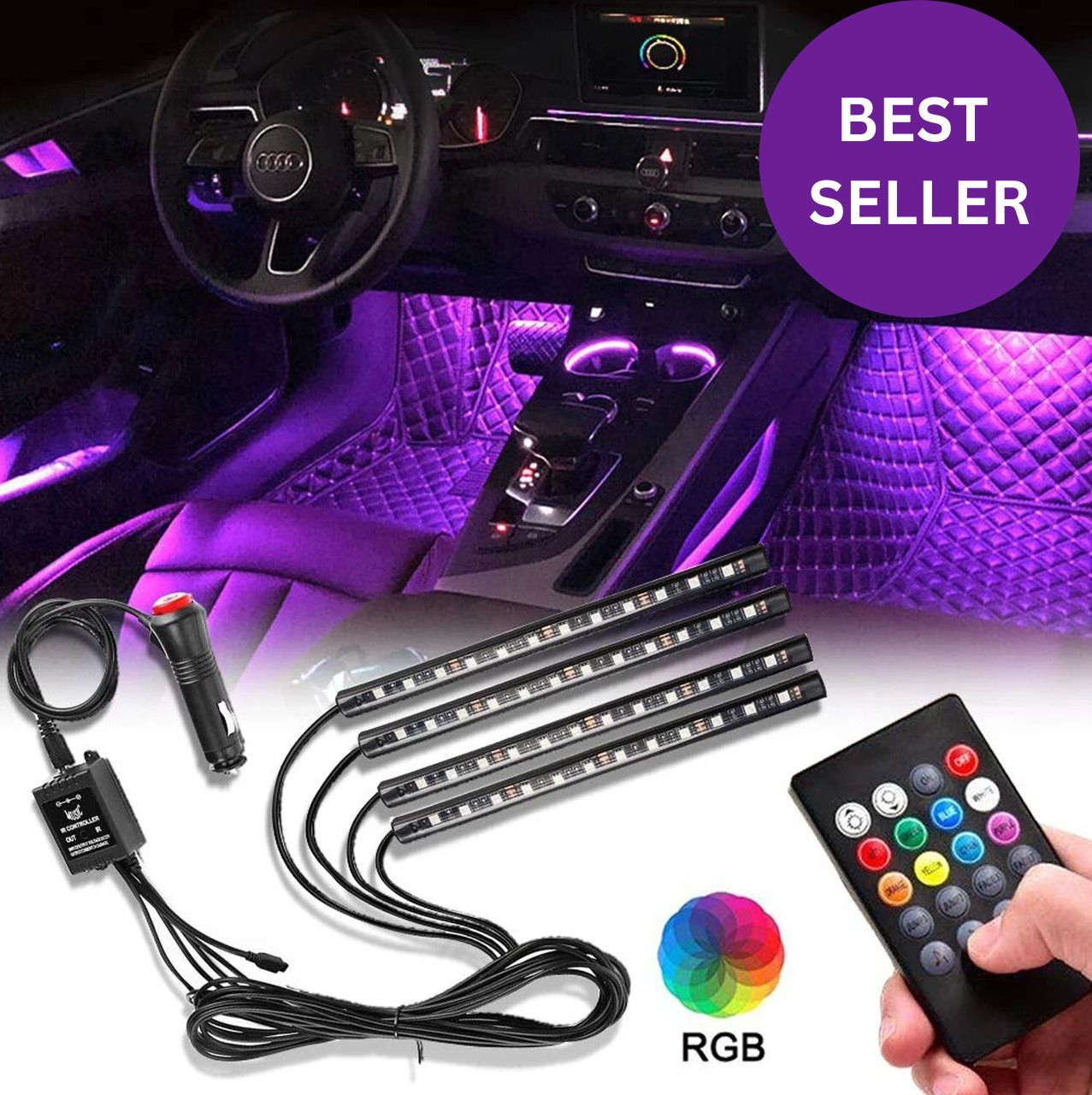 4PCS RGB Car Atmosphere Lights, 48 LED Interior Atmosphere Light Car Fancy Lights-image-9