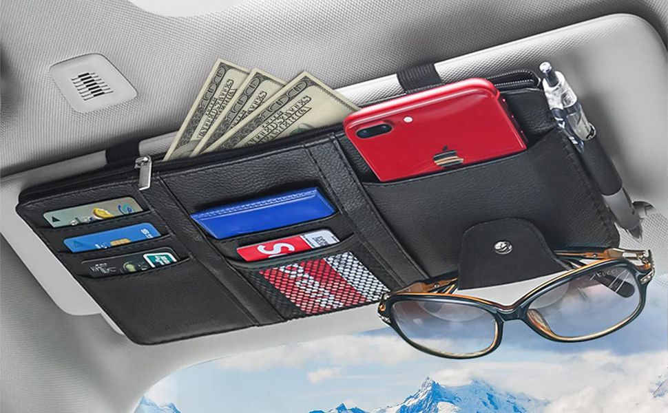 Car Sun Visor Organizer Pu Leather Sunglass Pouch Holder With Multi-Pocket Black Car Multi Pocket