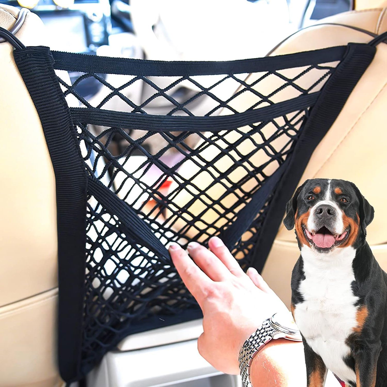 3 LayerDog Net Between Car Seats,Barrier Backseat Mesh Net for Cars &Trunk Car Storage Bag