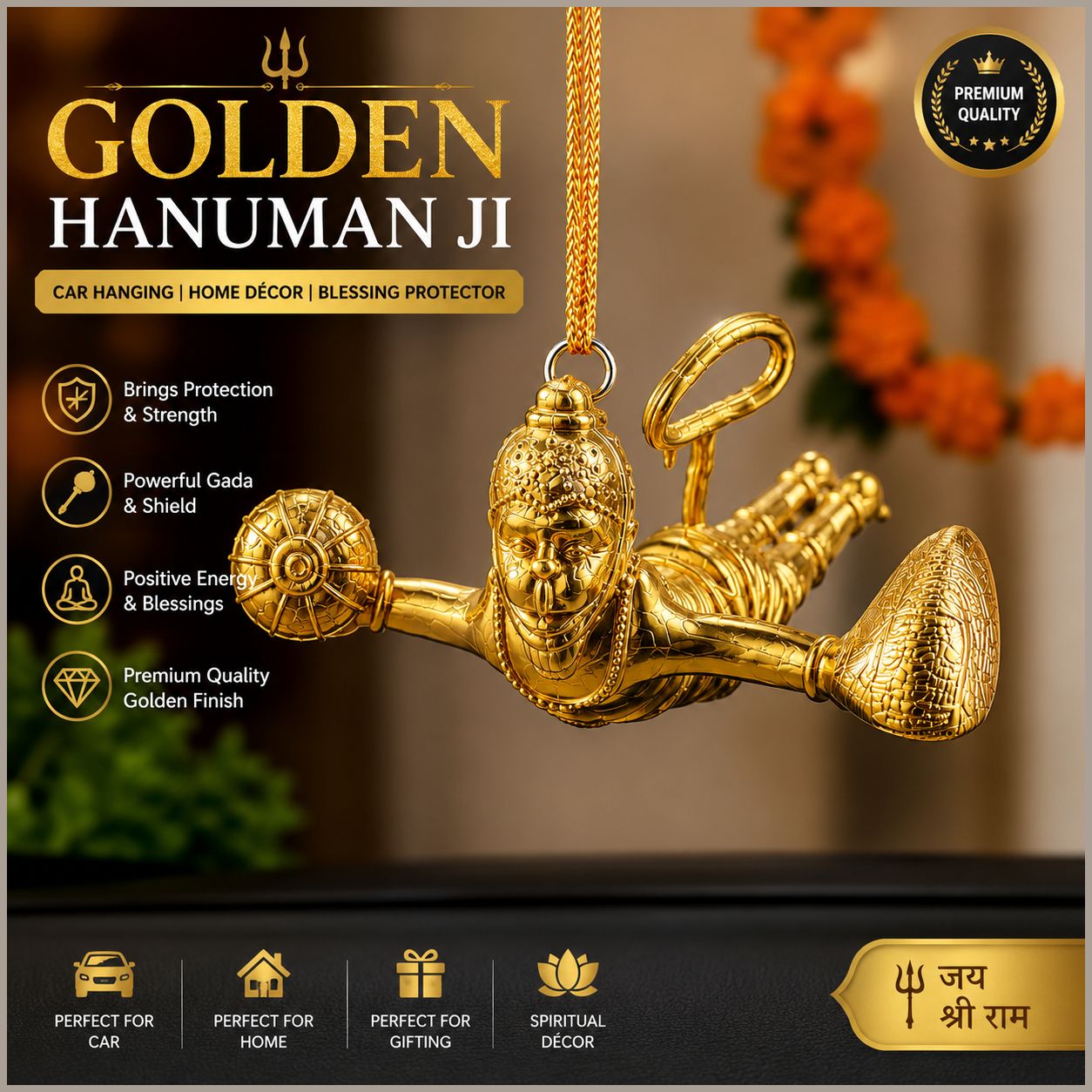 airsoft Flying Hanuman Gold Plated Statue Hanging Decor For Car Rear View Mirror Art Car Hanging Ornament-picture-8