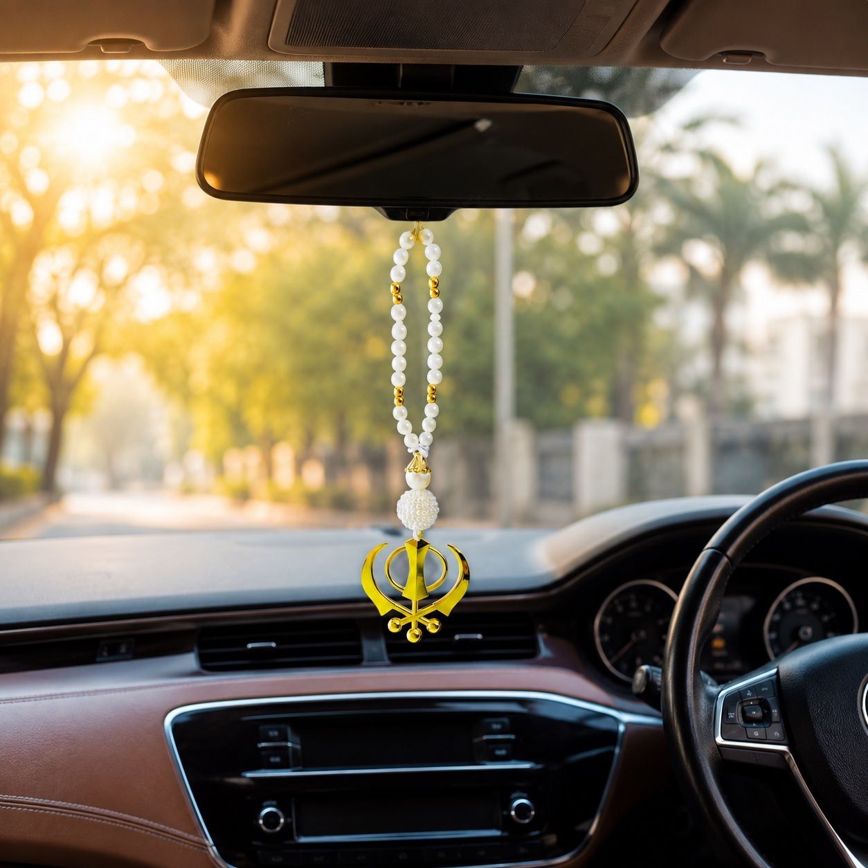 adhvik Sikh Spiritual Golden Khanda Beads Metal Hanging For Car Dashboard Mirror Car Hanging Ornament-picture-43