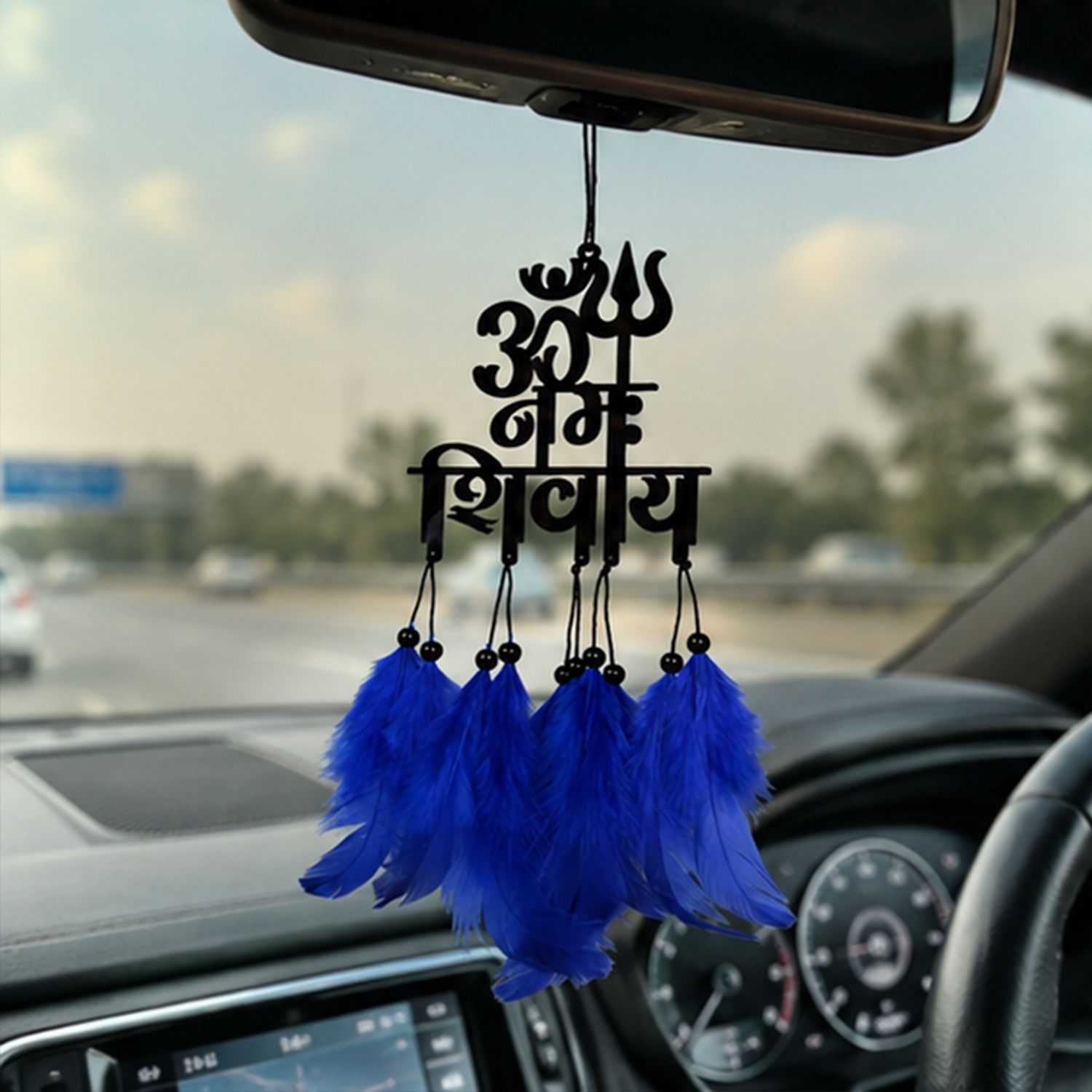 Religious Om Namah Shivaya Car Hanger Rear View Mirror Hanging Blue Feather Car Hanging Ornament-image-9