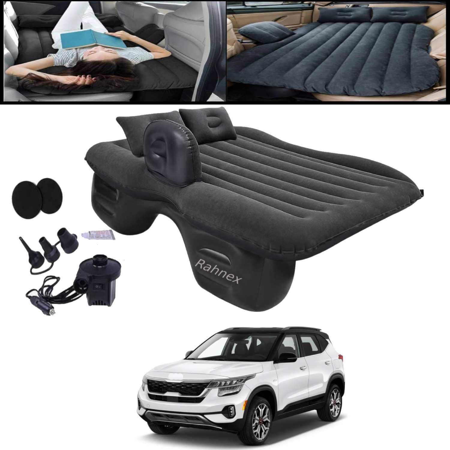 rahnex Car Bed Mattress Inflatable Back Seat Air Bed with Pump Black for Seltos 2023 Universal Inflatable Car Bed Mattress Back Seat Air Bed Black-230 Car Inflatable Bed-picture-22