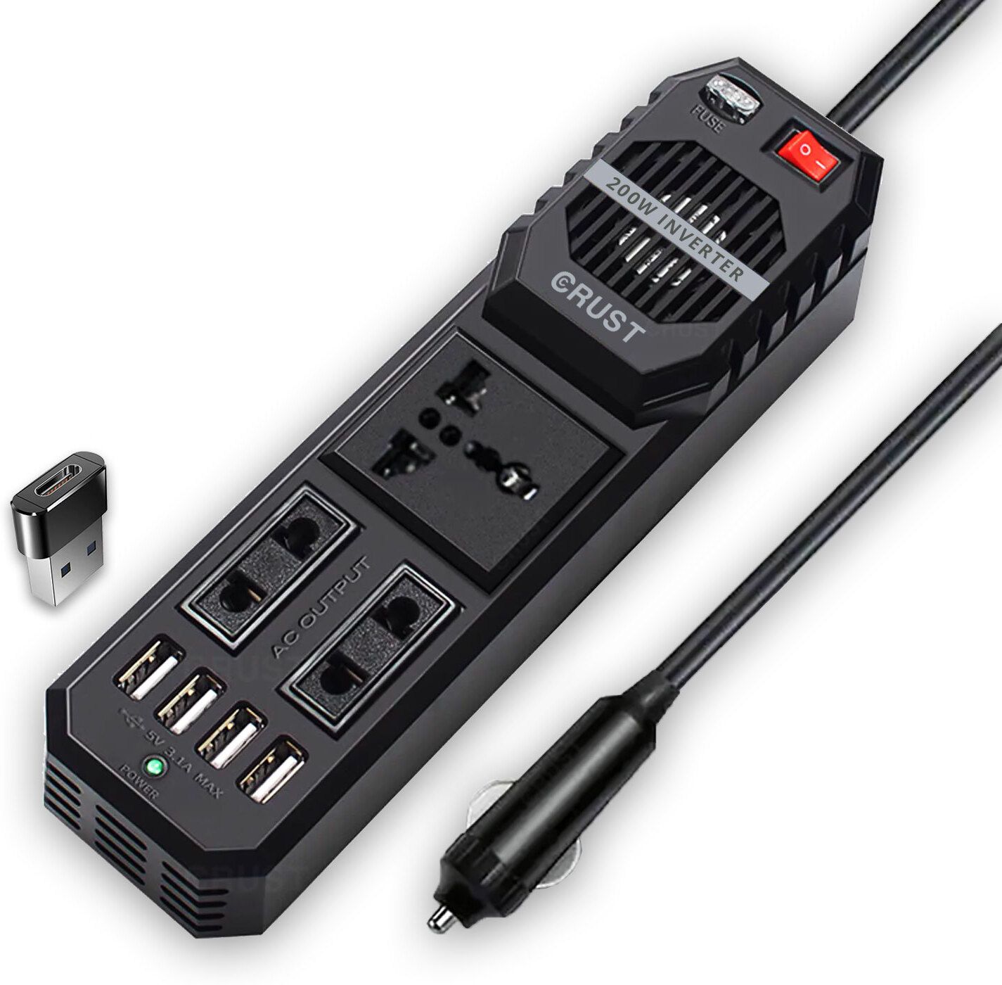 crust N80 Car Power Inverter Laptop Charger 3 AC Outlets & 4 USB Ports, 200W Car Inverter-picture-11