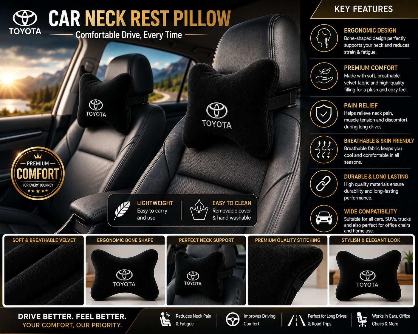 Black Polyester Car Pillow Cushion for Bajaj, Datsun, Fiat, Force, Ford, Honda, Hyundai, Isuzu, MG, Mahindra, Maruti Suzuki, Tata, Toyota-image-17