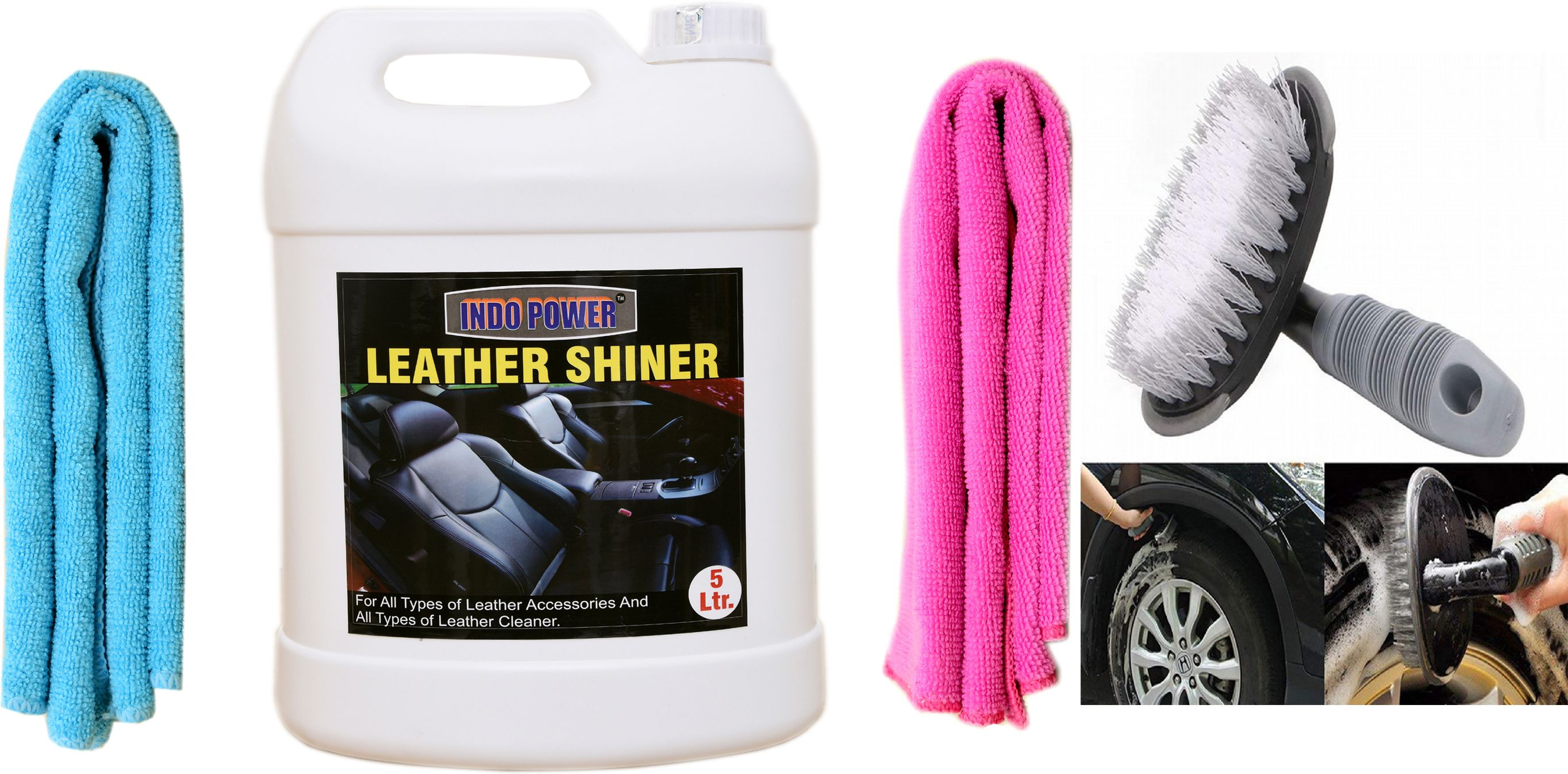indopower TOP401-LEATHER SHINER 5ltr. + 2PC CAR MICROFIBER CLOTH +All Tyre Cleaning Brush Car Washing Liquid-picture-10