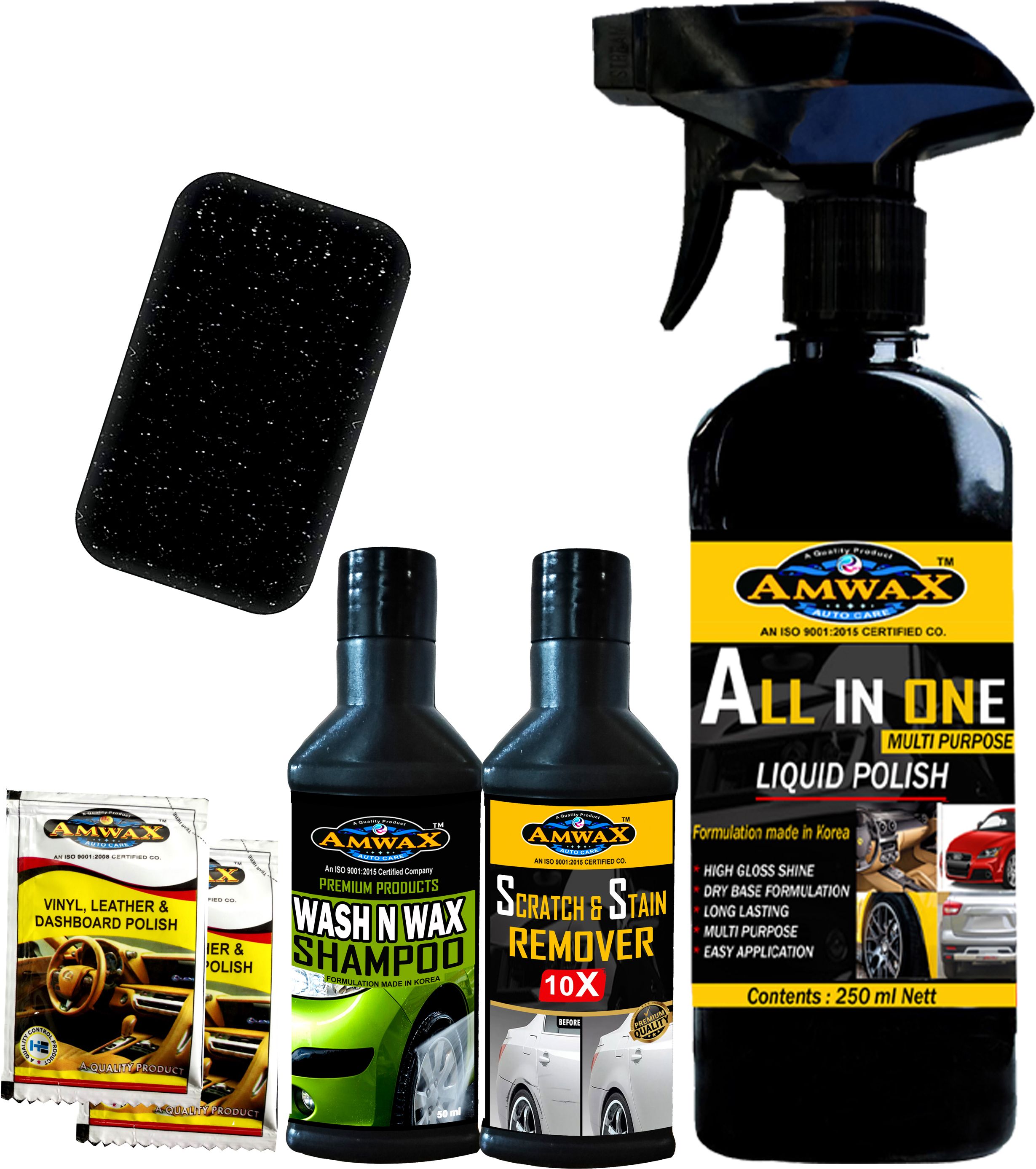 ALL IN ONE POLISH 250ML, WASH N WAX 50ML, SCRATCH REMOVER 50GM, DASHBOARD POLISH 20ML Combo