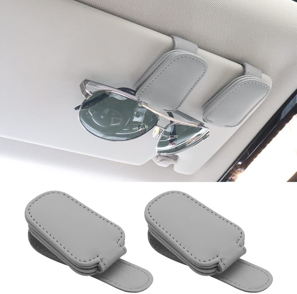 2 Pack Magnetic Leather Glasses Eyeglass Hanger Clip for Car Grey Car Sunglass Clip Holder-image-2