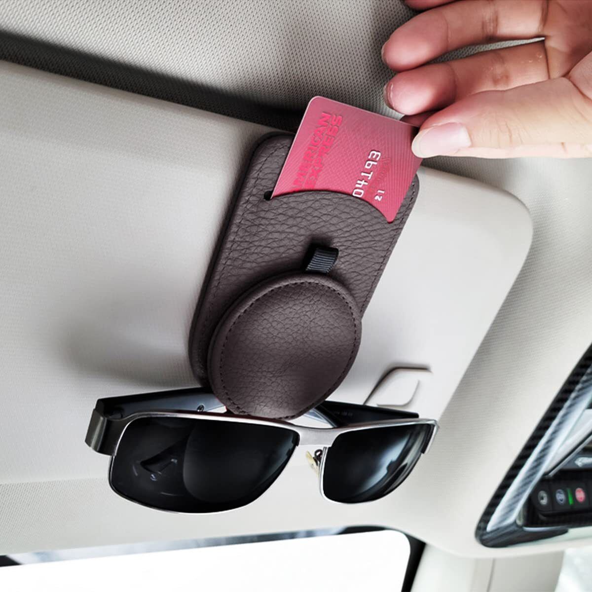 Magnetic Car Sunglasses Holder, Leather Visor Clip with Card Storage Brown Car Sunglass Clip Holder-image-4