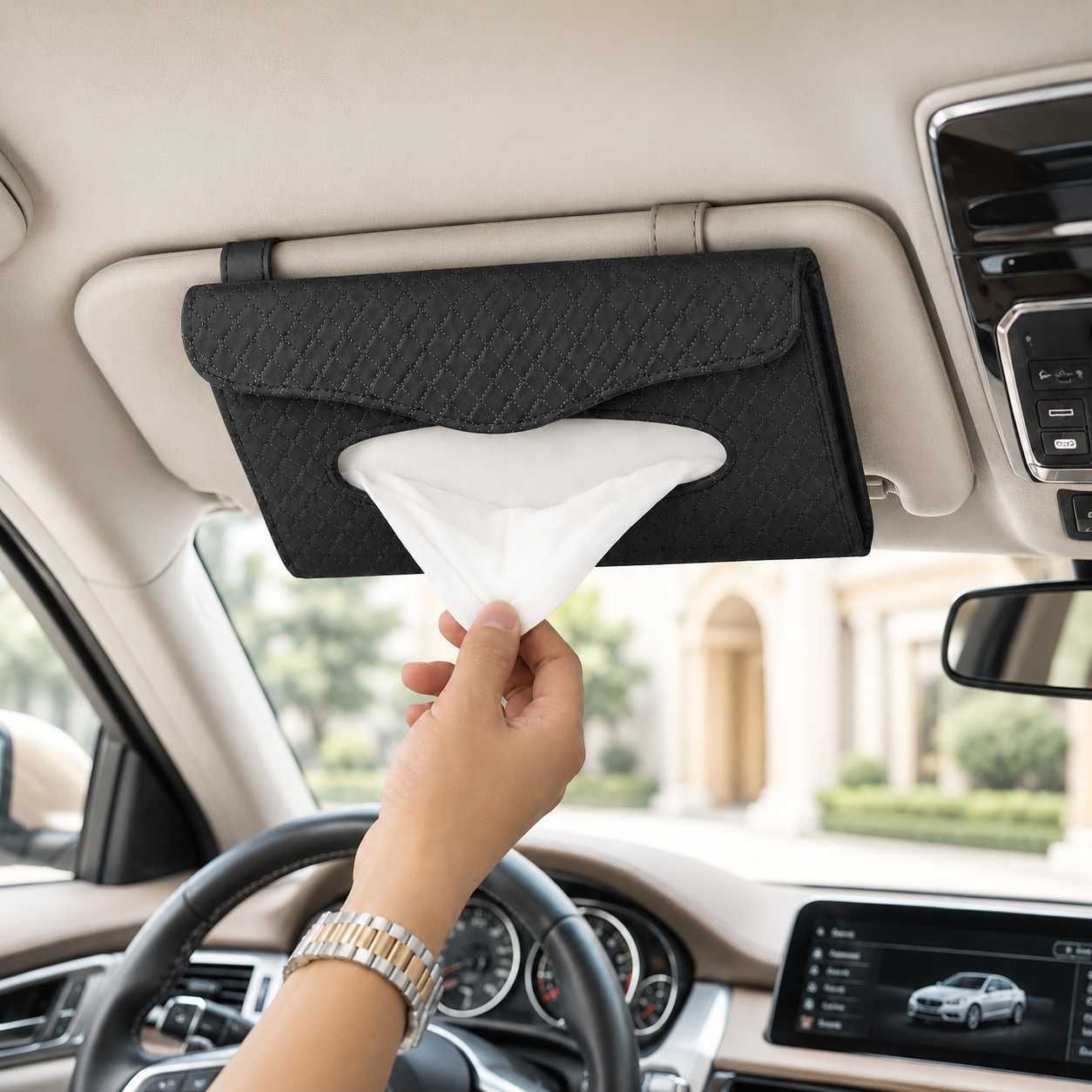Car Tissue Holder Sun Visor Tissue Case Black PU Leather Tissue Holder Vehicle Tissue Dispenser-image-2