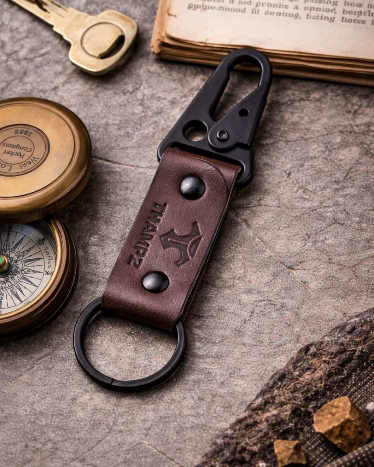 Handmade Ranger Leather Hook Keychain with Carabiner Clip - Dark Brown Locking Carabiner-image-42