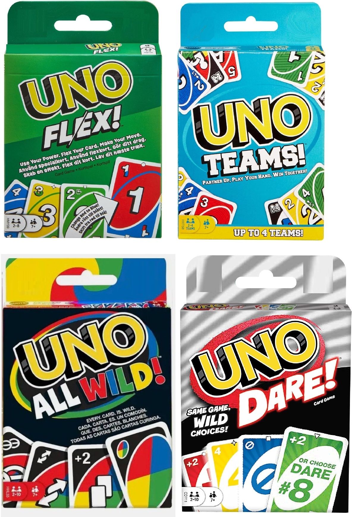 UNO Flex, UNO Teams, UNO All Wild & UNO Dare Party Pack – 4-in-1 Card Game Combo-image-3