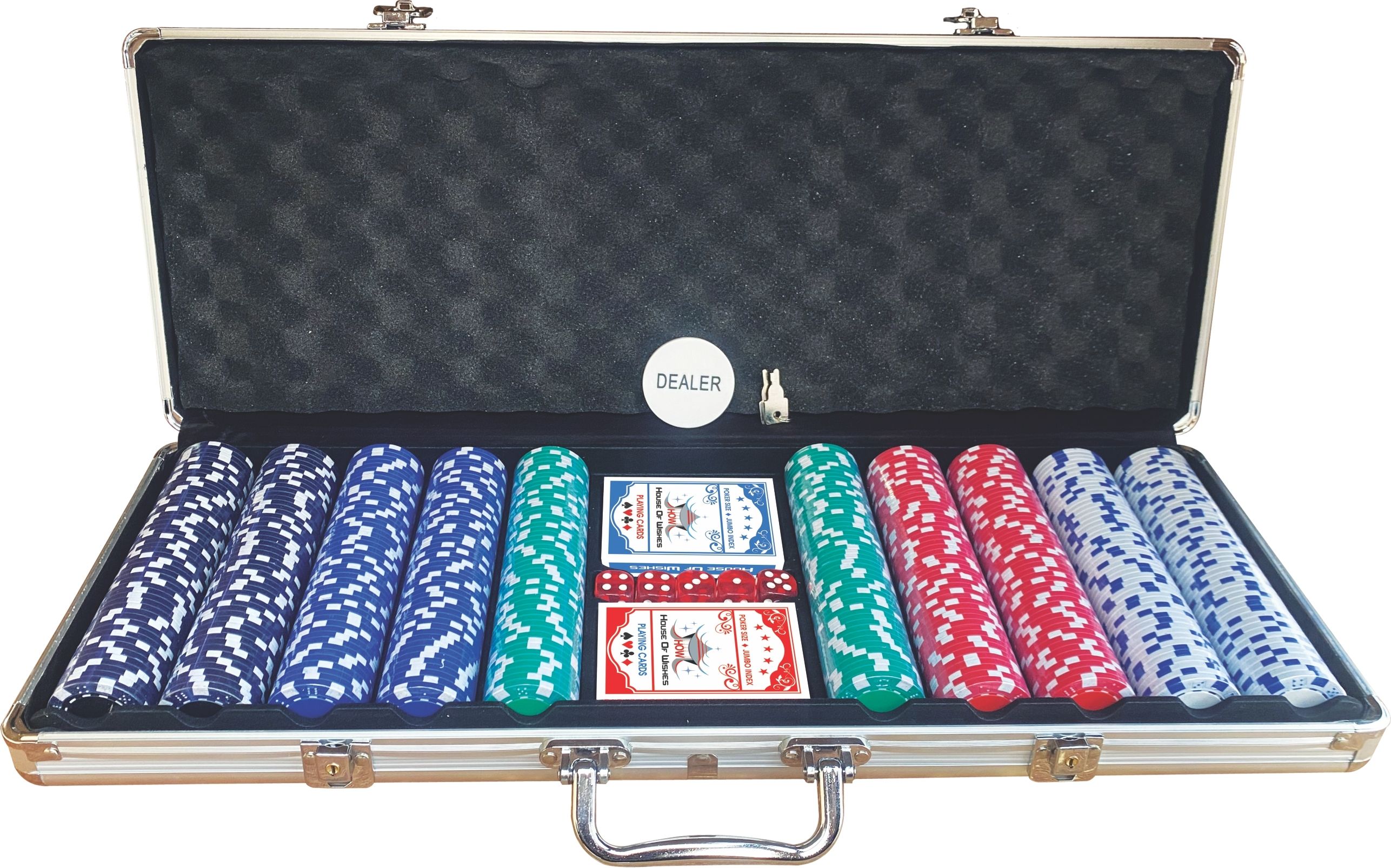 how(house of wishes) 500 Chips Poker Game Set with 2 Decks 5 Dice and Aluminum Case for Adult-picture-15