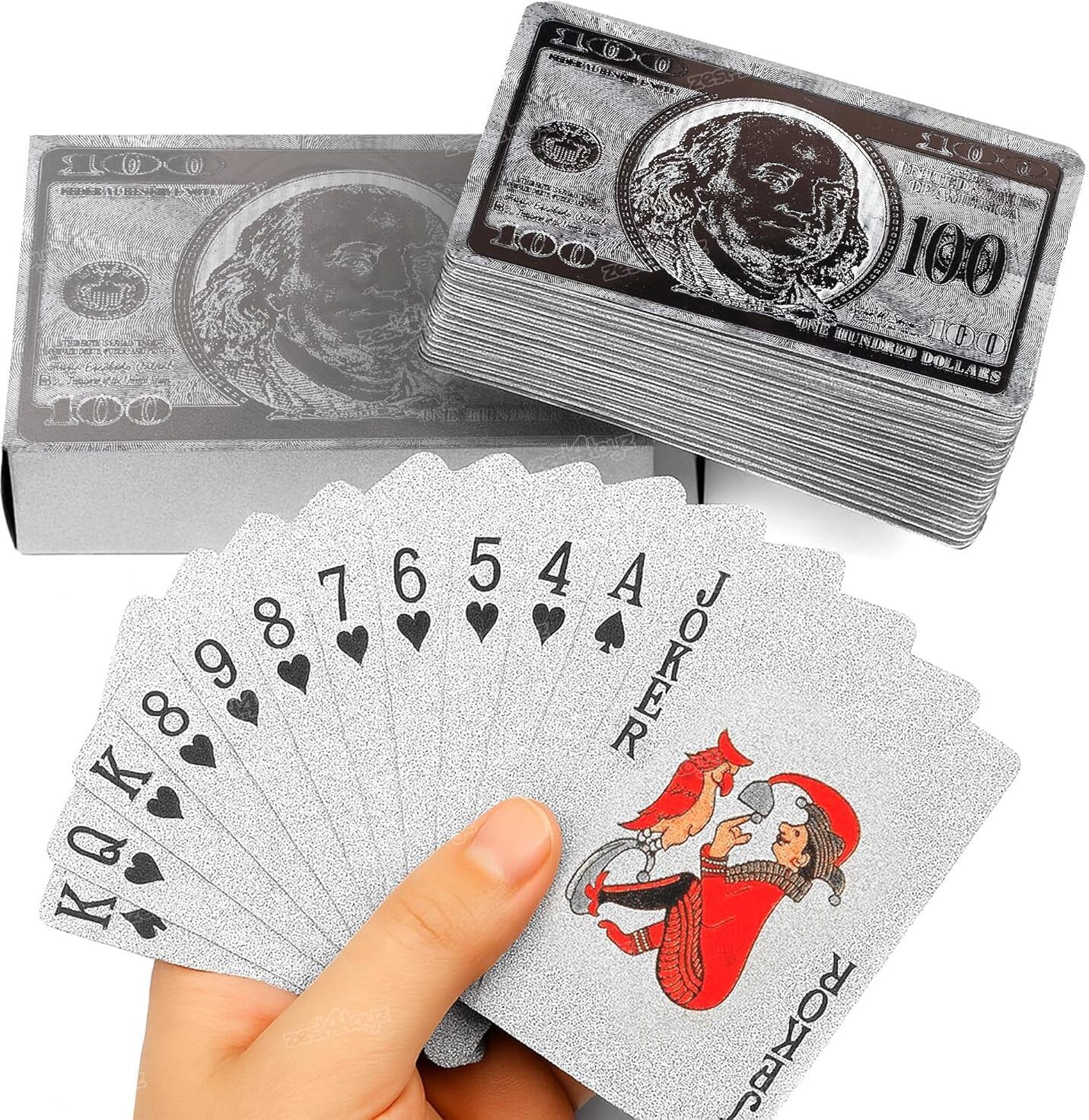 zuigo Premium Silver Foil Playing Cards-Waterproof PVC Plastic Cards 100 Dollar Design-picture-13