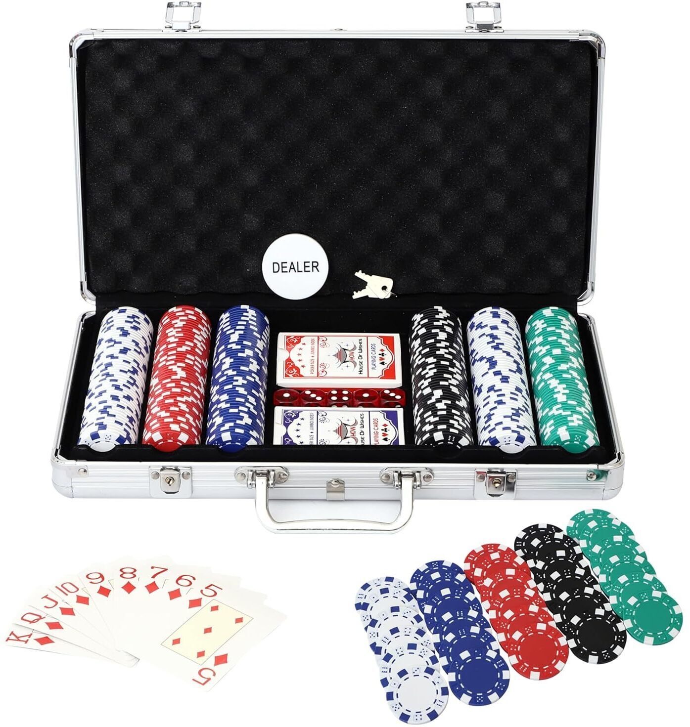 how(house of wishes) 300 Chips Poker Game Set with 2 Decks 5 Dice and Aluminum Case for Adult-picture-16