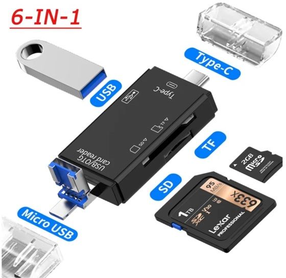 Rhytech 6 in 1 OTG Card Reader with Type-C, USB & Micro USB Ports TF, SD, Micro SD,SDHC Card Reader