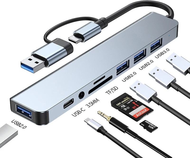 Foxne Point 8-in-1 USB Hub 3.0 Multi-port Dock Type C Splitter 5W PD Adapter Usb C Hub Card Reader