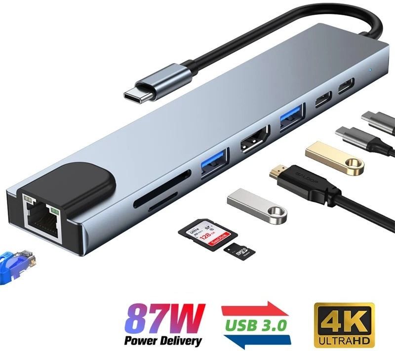 AiFit New Type C Hub 8-in-1 Dock with USB 3.0, SD/TF, 4K HDMI Card Reader