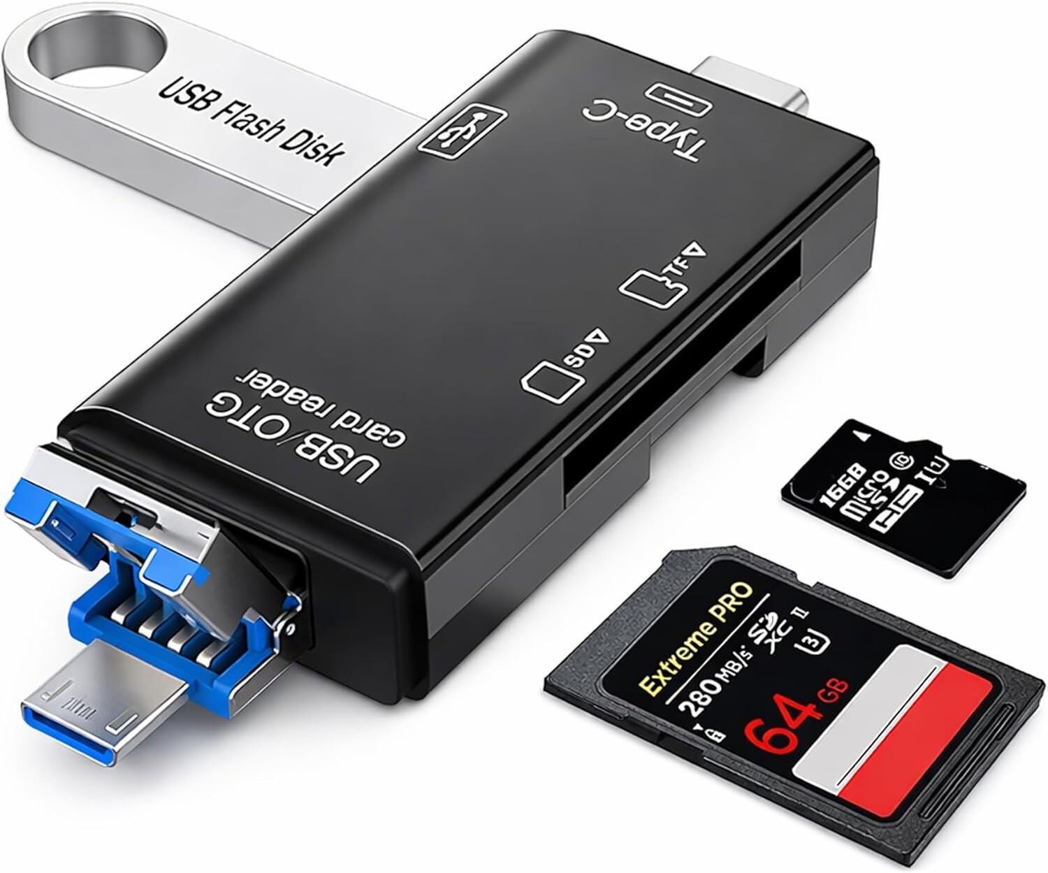 spincart 6-in-1 OTG USB Card Reader, SD/TF Reader with USB-A, USB-C & Micro USB Plug Card Reader