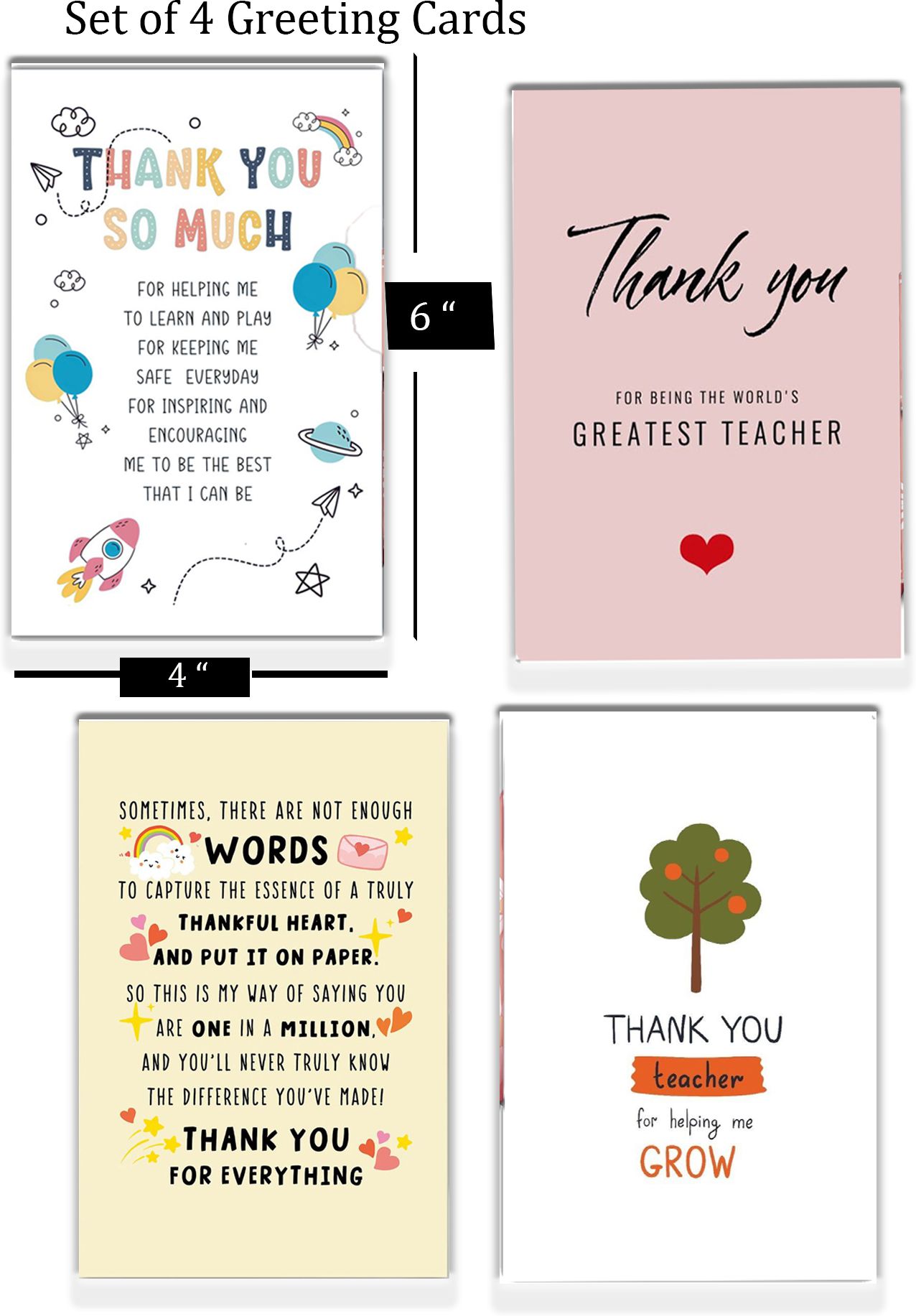 pickkart Teacher's Day Cards Set, 4 Designs with Heartfelt Messages, Floral Background Greeting Card-picture-29