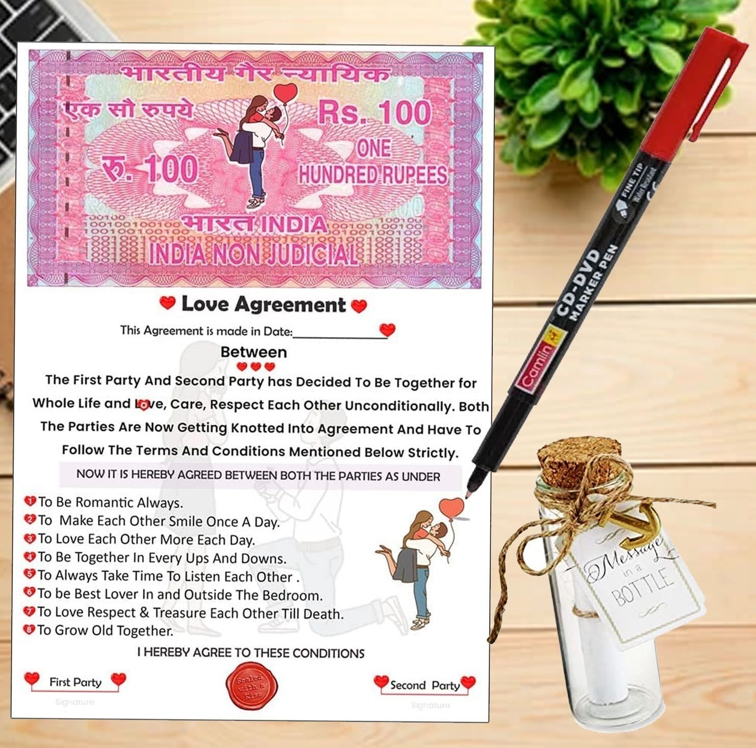 oddclick Love Agreement Contract Card Certificate with Permanent Marker, Message Bottle Greeting Card-picture-11