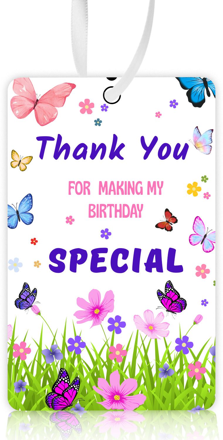 butterfly theme thank you tags, 4x2.5 inch, birthday party return gift greeting card