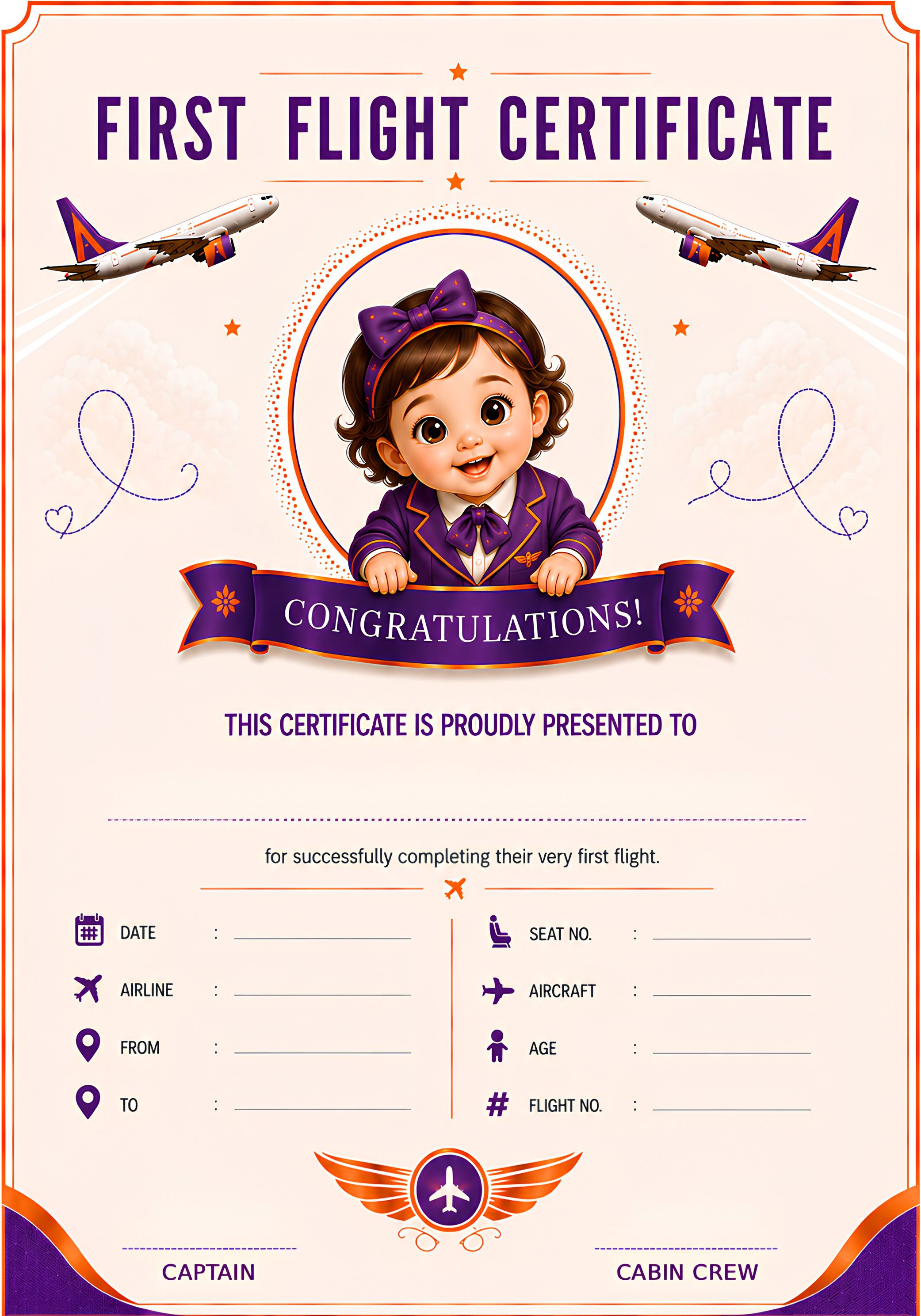 kashvi designs & prints Baby Girl First Flight Certificate | Orange Purple Theme | Travel Keepsake Greeting Card-picture-20