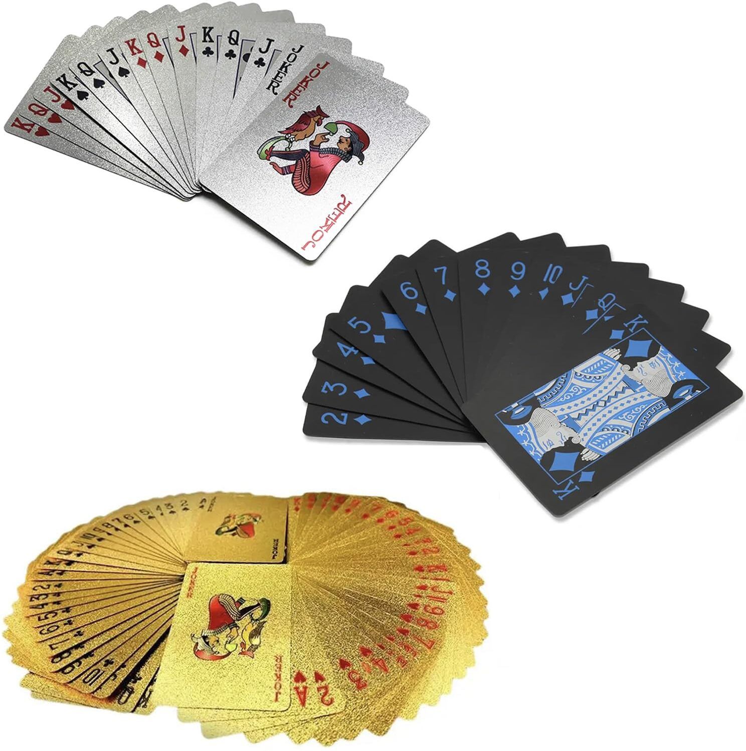 jericos Pack of 3 Waterproof PVC Playing Cards Gold, Black & Silver Poker Decks-picture-48