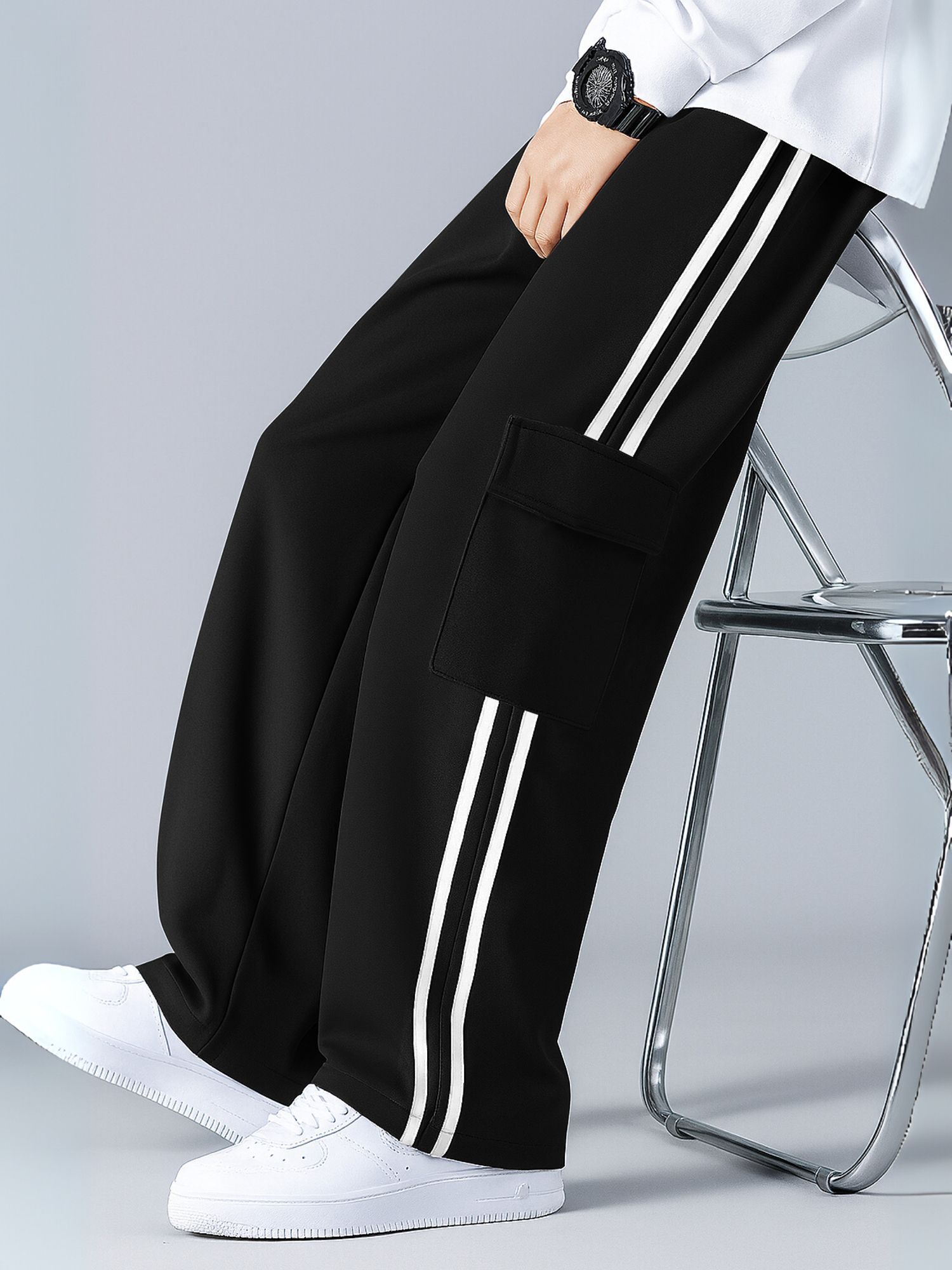 combraided Men Loose Fit Black Lycra Blend Trousers-picture-42