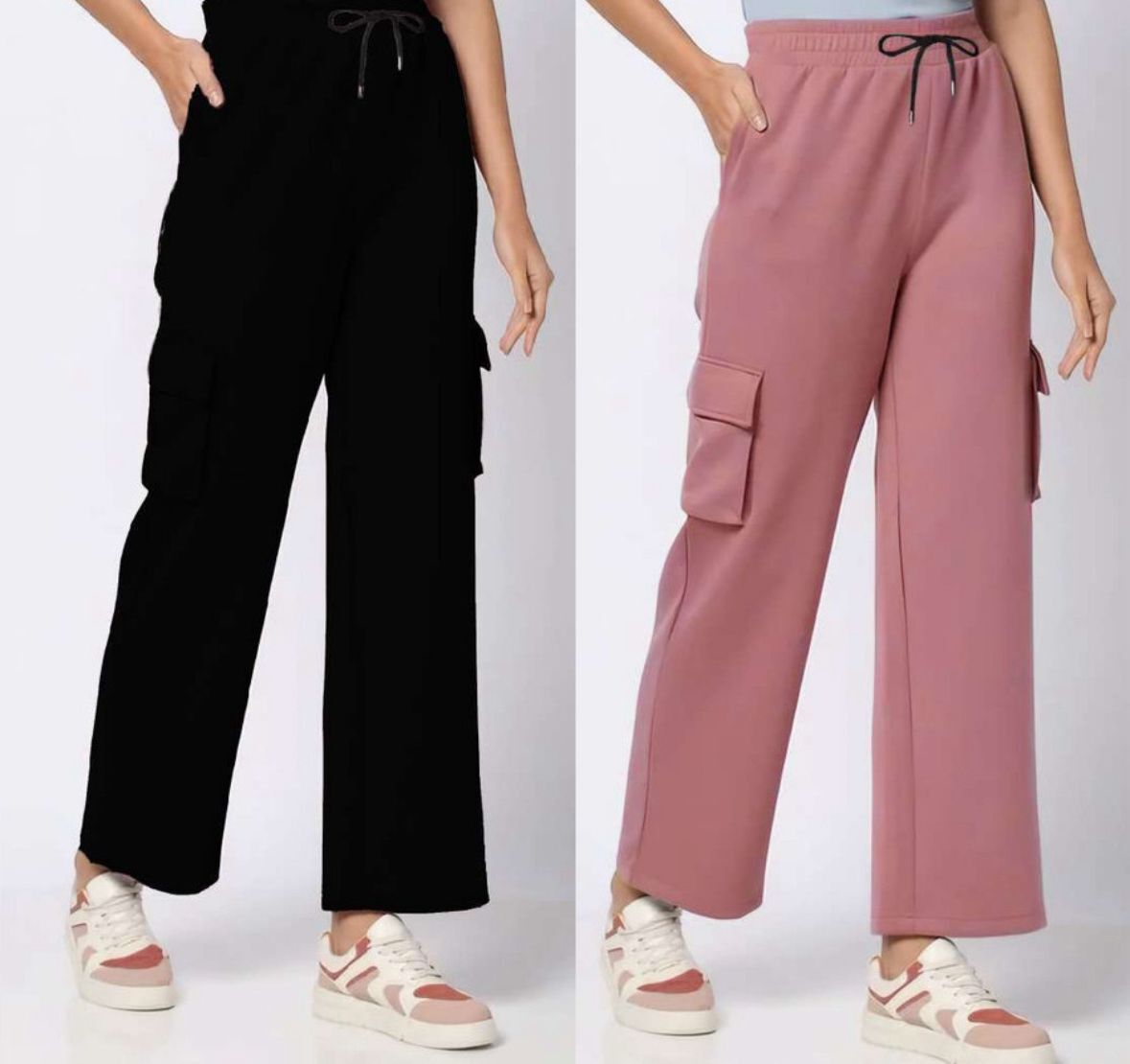 Pack of 2 Women Loose Fit Black, Pink Cotton Blend Trousers-image-24