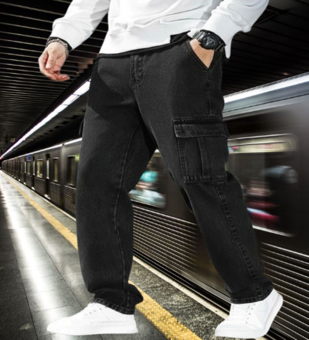 playfeel Men Baggy Fit Mid Rise Black Jeans-picture-1