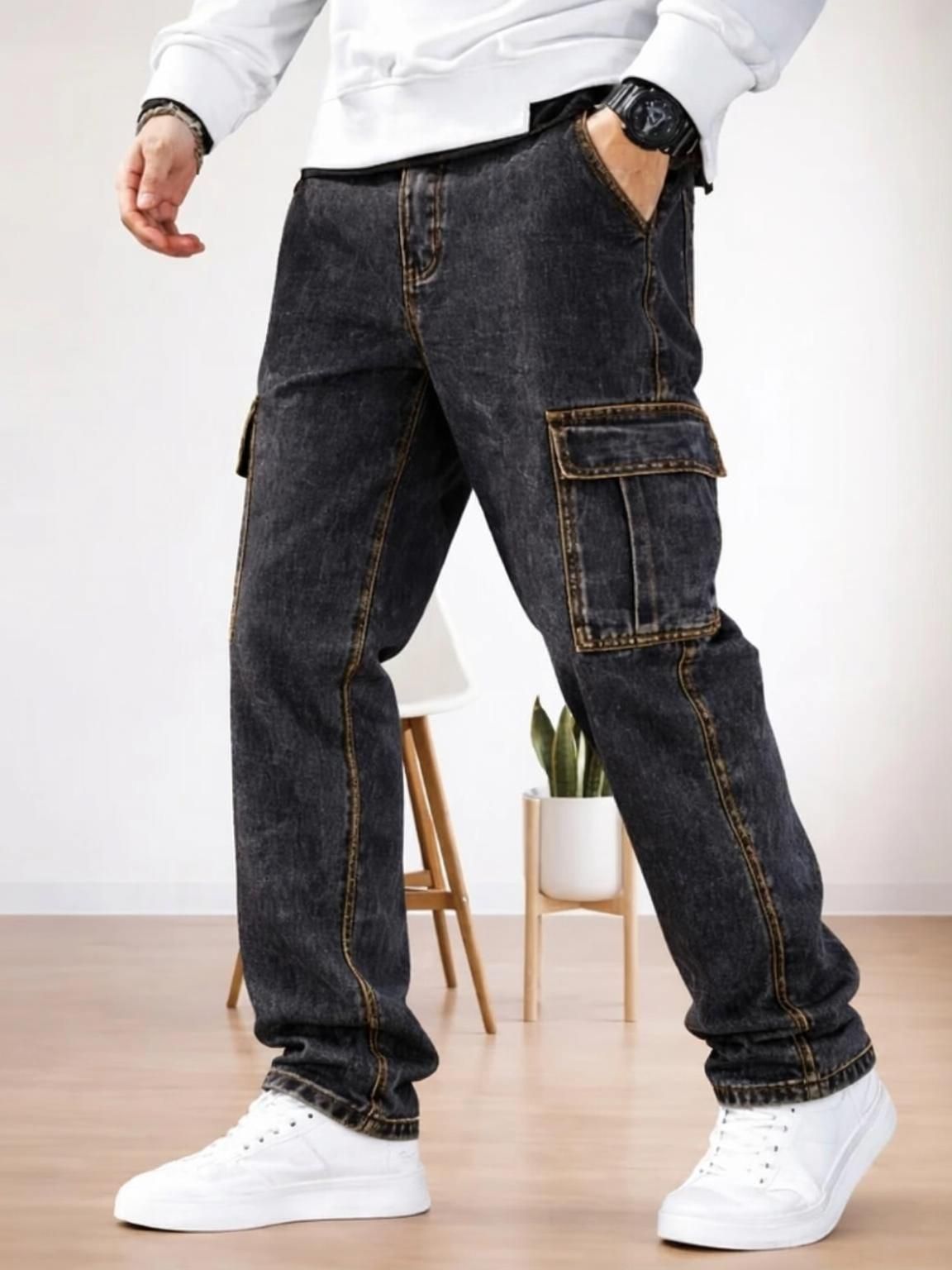playfeel Men Loose Fit Mid Rise Grey Jeans-picture-47