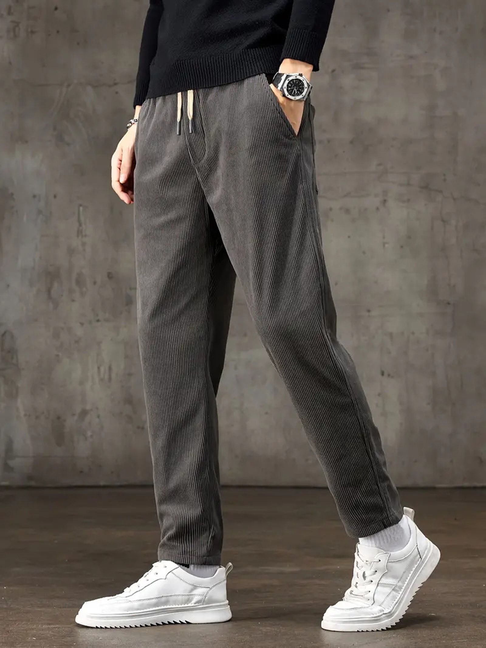 jexputi Men Regular Fit Grey Corduroy Trousers-picture-25